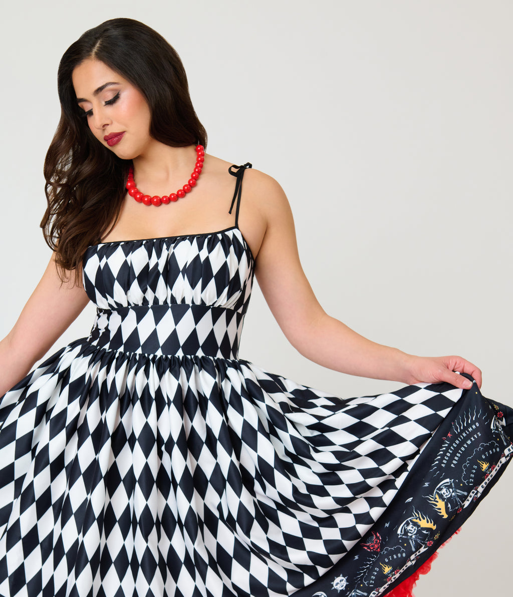 Unique Vintage Black & White Diamond Ouija Border Print Linda Swing Dress