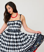 Unique Vintage Black & White Diamond Ouija Border Print Linda Swing Dress