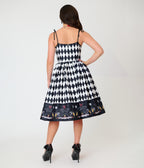 Unique Vintage Black & White Diamond Ouija Border Print Linda Swing Dress