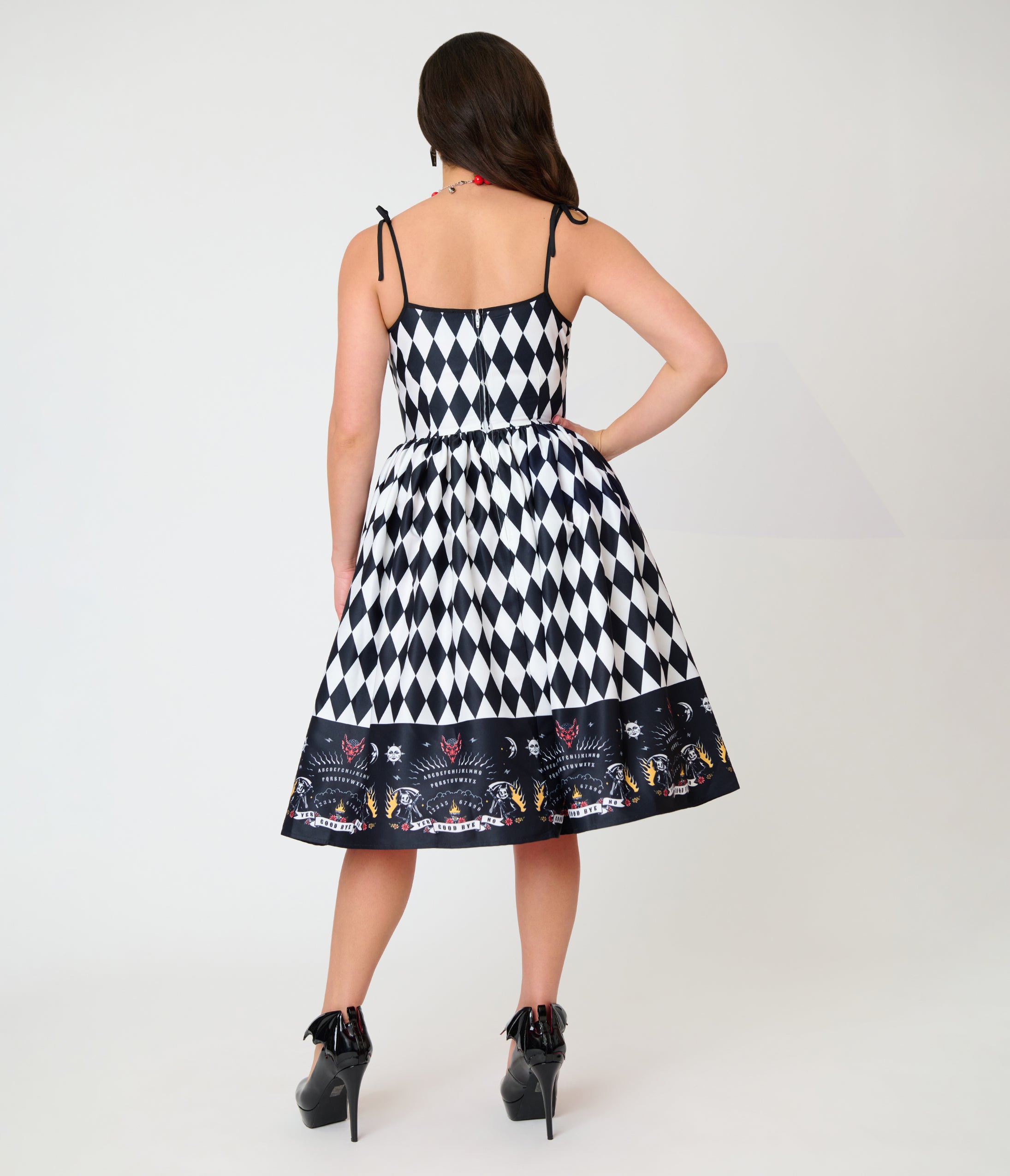 Unique Vintage Black & White Diamond Ouija Border Print Linda Swing Dress