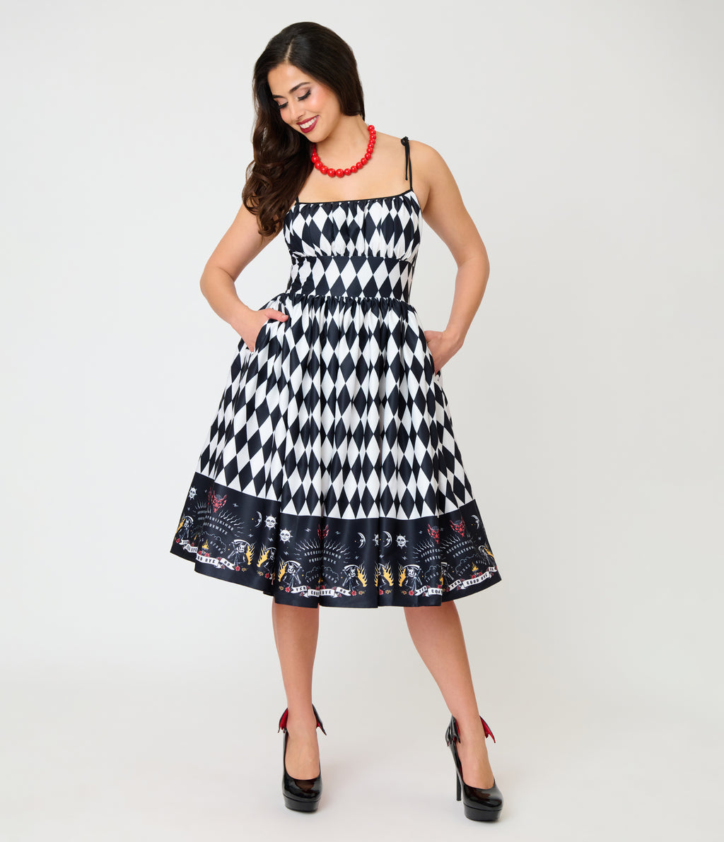 Unique Vintage Black & White Diamond Ouija Border Print Linda Swing Dress