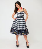 Unique Vintage Black & White Diamond Ouija Border Print Linda Swing Dress