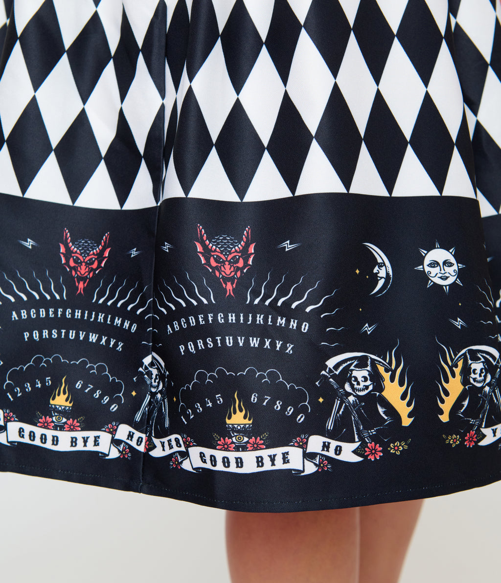 Unique Vintage Black & White Diamond Ouija Border Print Linda Swing Dress