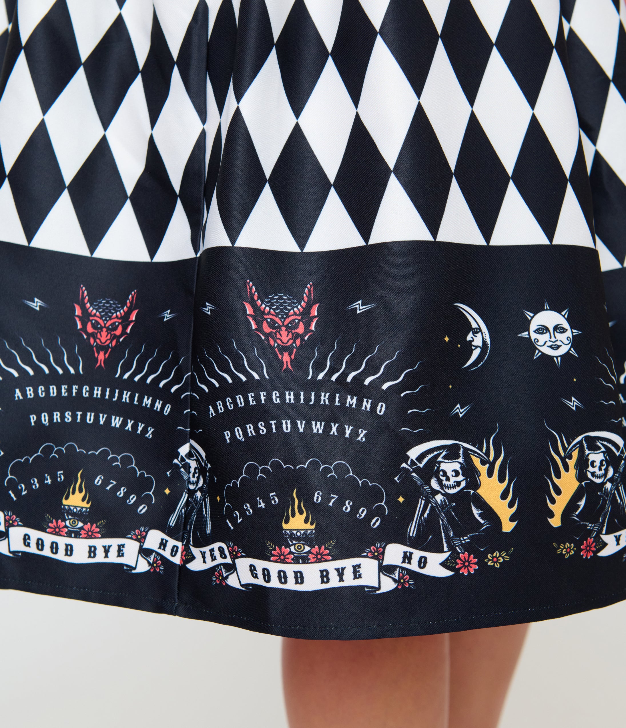 Unique Vintage Black & White Diamond Ouija Border Print Linda Swing Dress