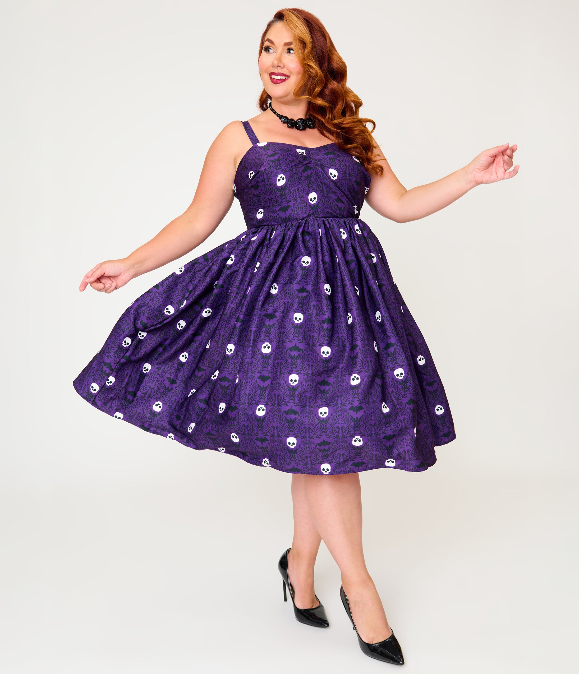Unique Vintage Plus Size Purple Skull Print & Capelet Shirley Swing Dress