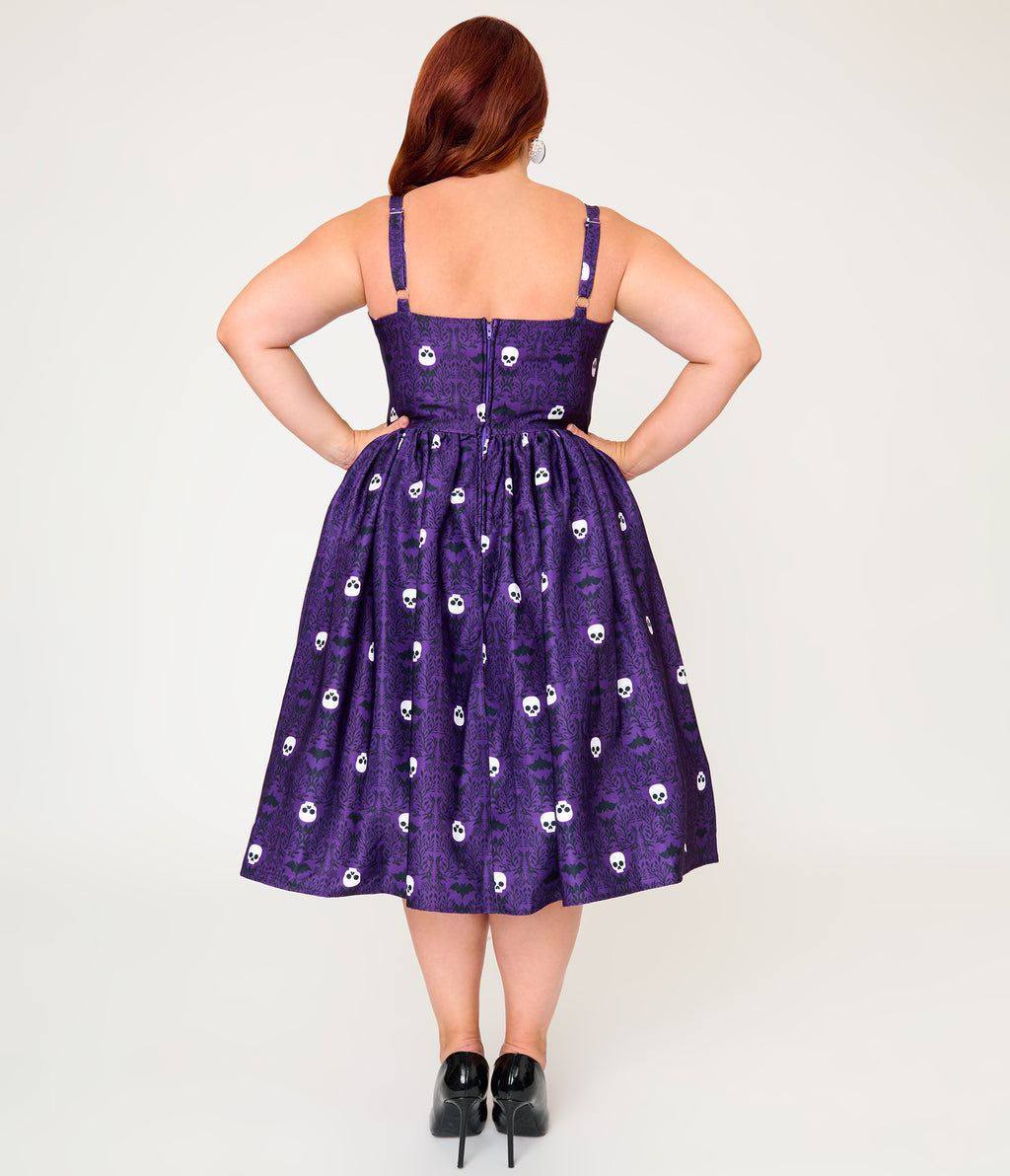 Unique Vintage Plus Size Purple Skull Print & Capelet Shirley Swing Dress