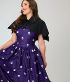 Unique Vintage Purple Skull Print & Capelet Shirley Swing Dress