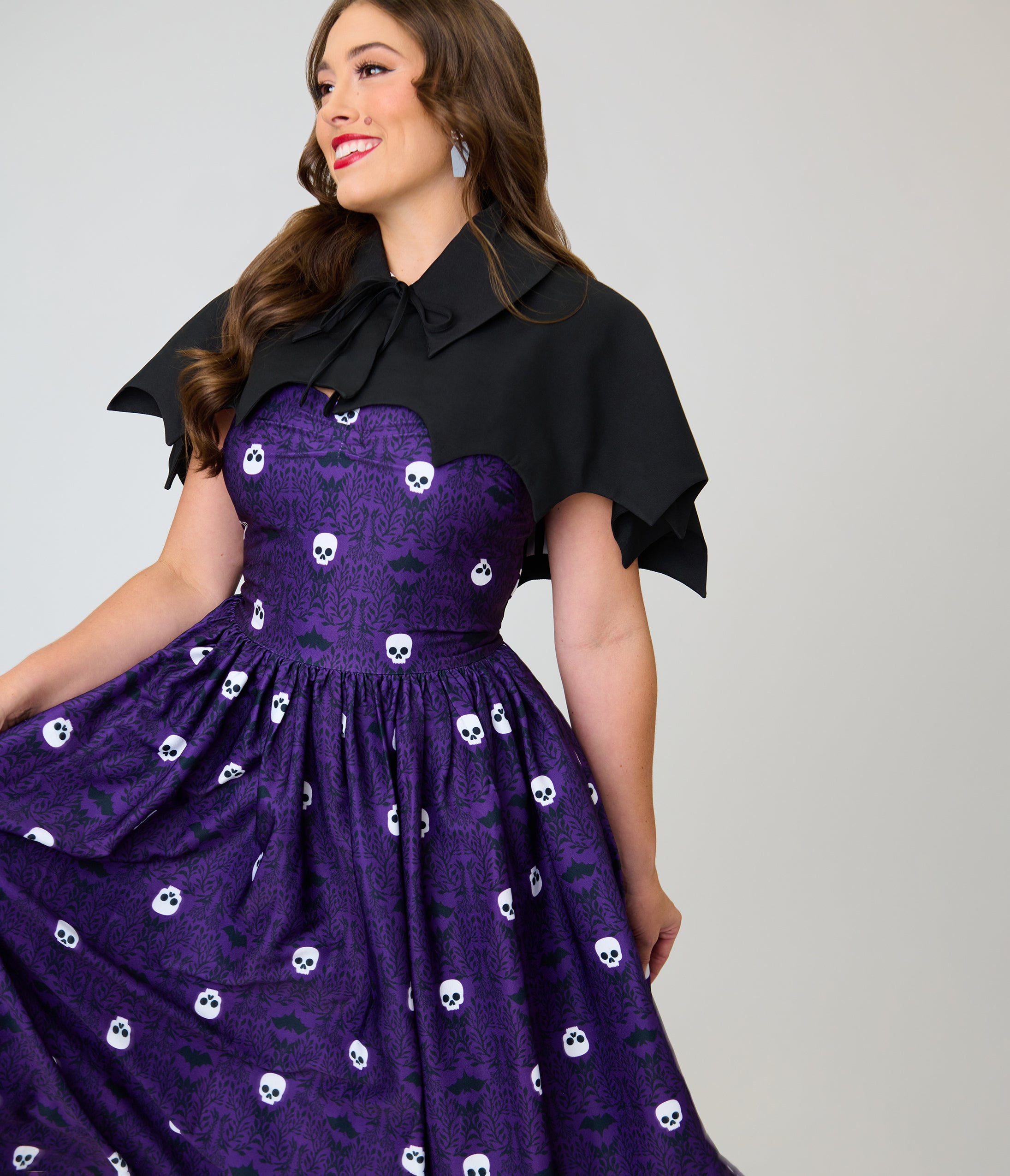 Unique Vintage Purple Skull Print & Capelet Shirley Swing Dress