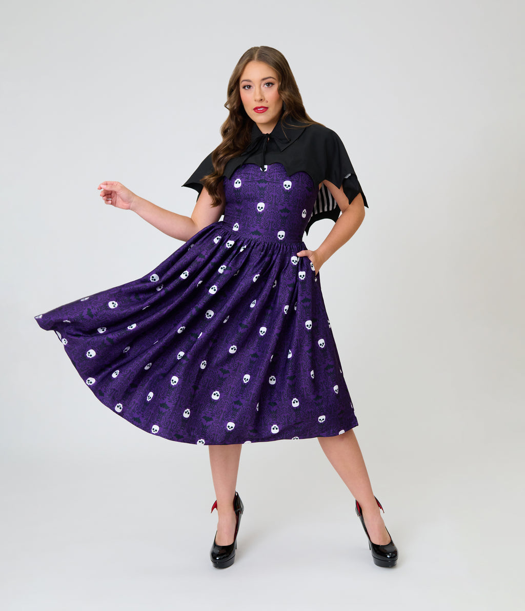 Unique Vintage Purple Skull Print & Capelet Shirley Swing Dress