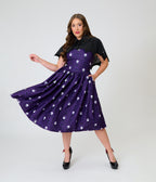 Unique Vintage Purple Skull Print & Capelet Shirley Swing Dress