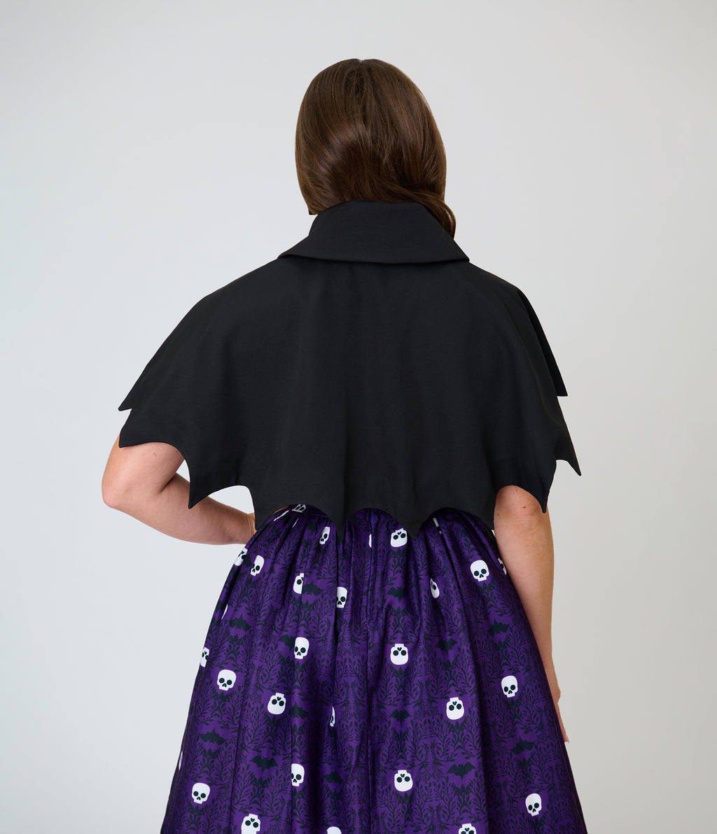 Unique Vintage Purple Skull Print & Capelet Shirley Swing Dress