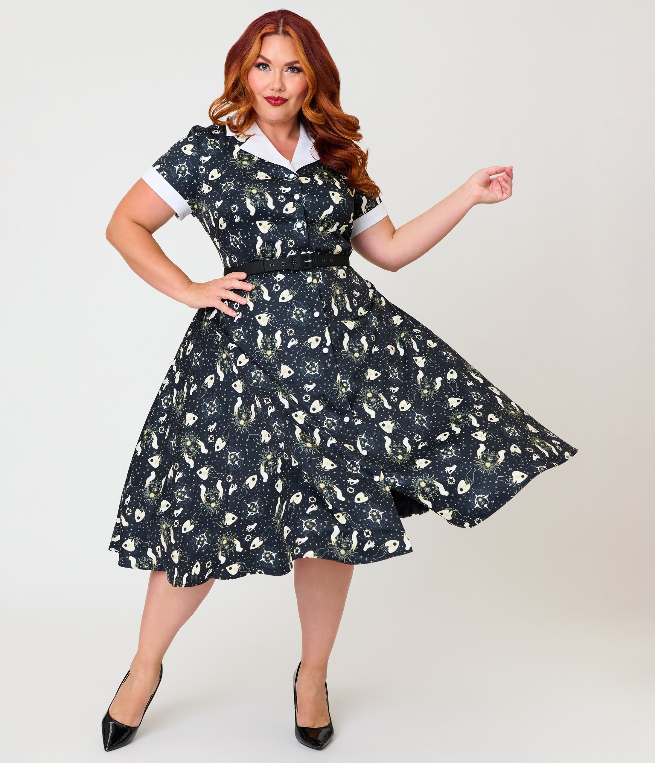 Unique Vintage Plus Size Black Ouija Print Alexis Swing Dress