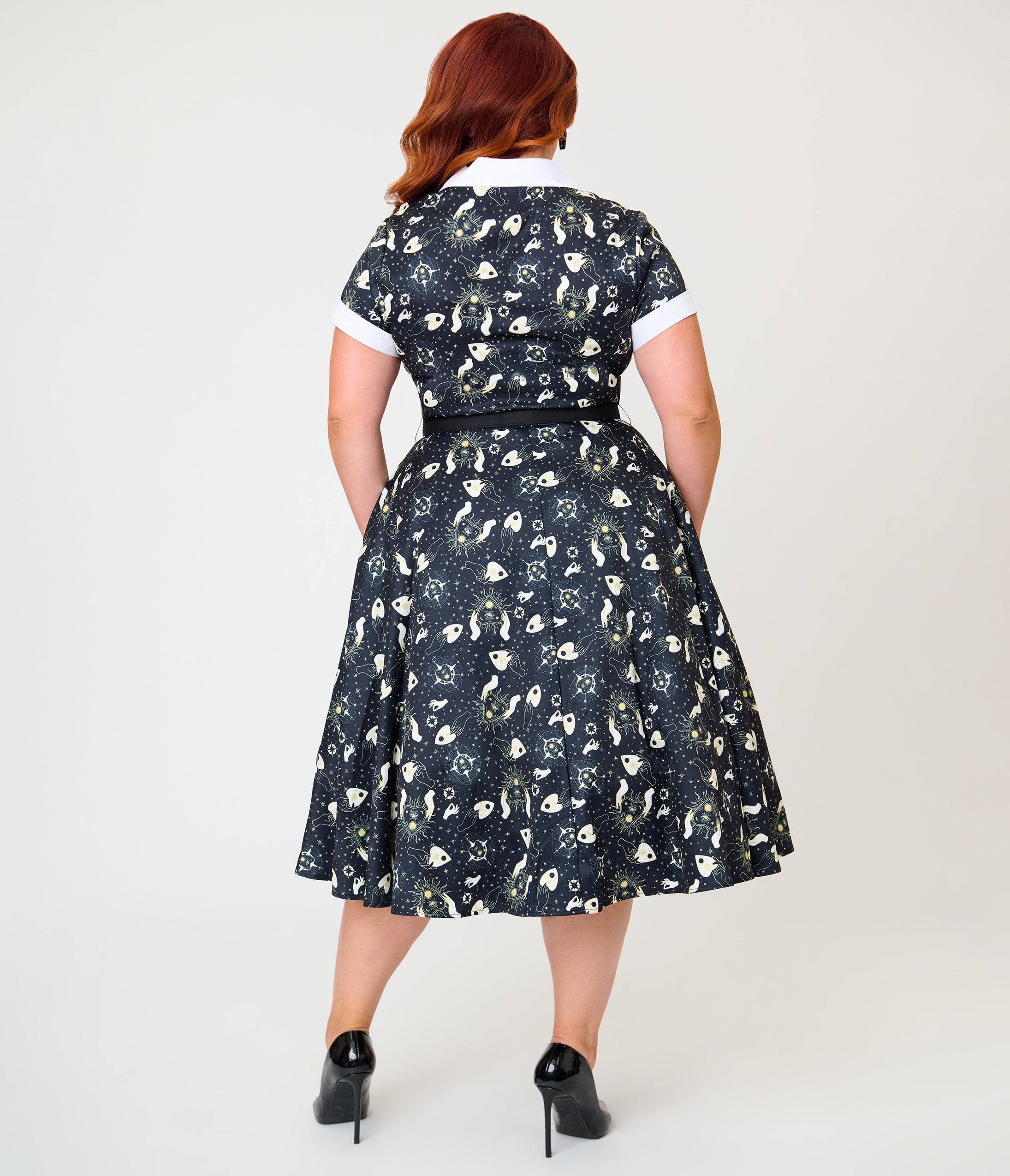 Unique Vintage Plus Size Black Ouija Print Alexis Swing Dress