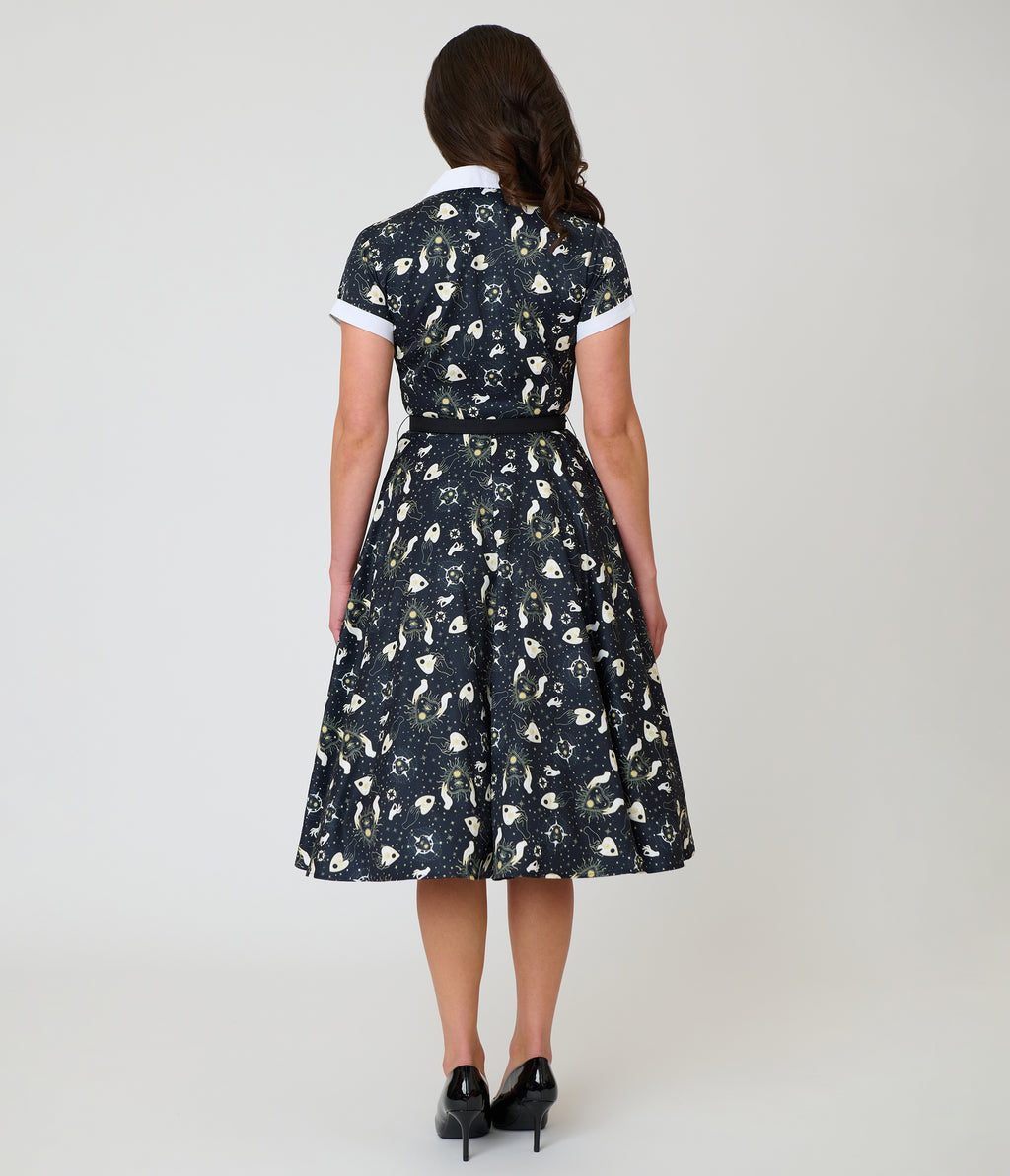 Unique Vintage Black Ouija Print Alexis Swing Dress