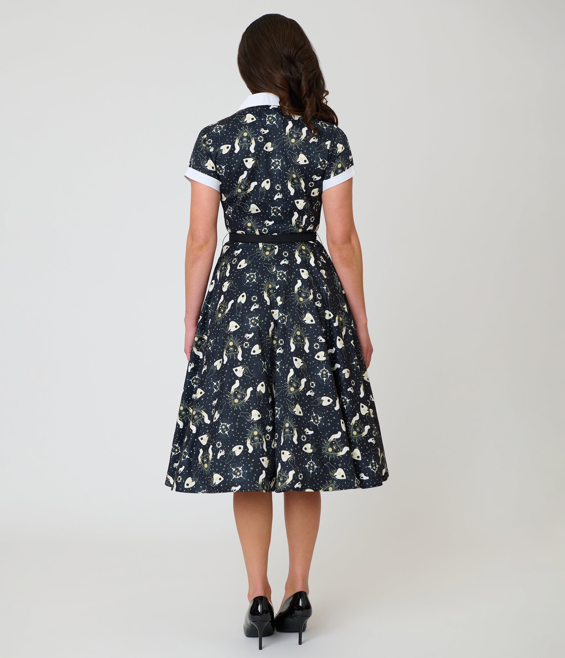 Unique Vintage Black Ouija Print Alexis Swing Dress