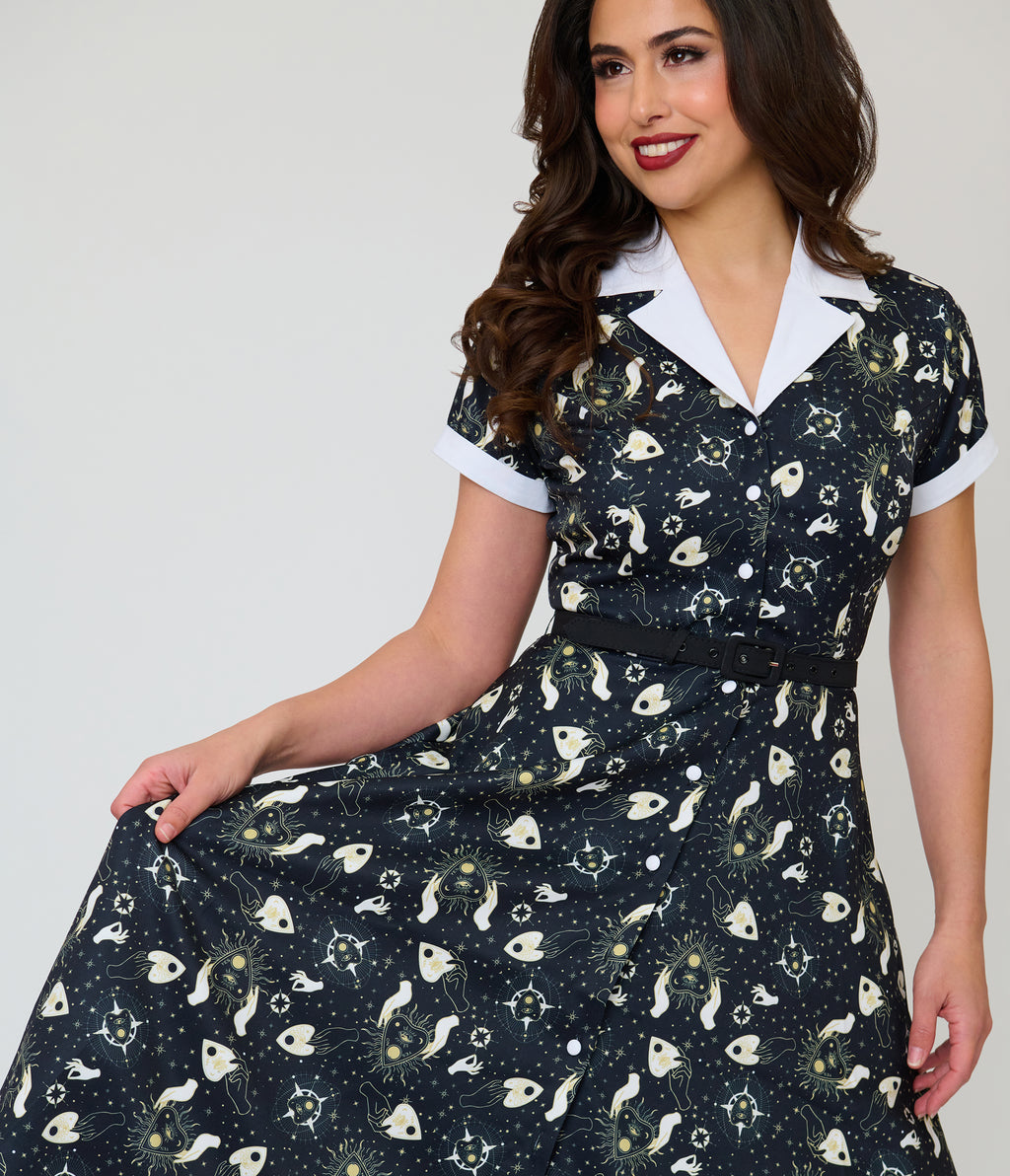 Unique Vintage Black Ouija Print Alexis Swing Dress