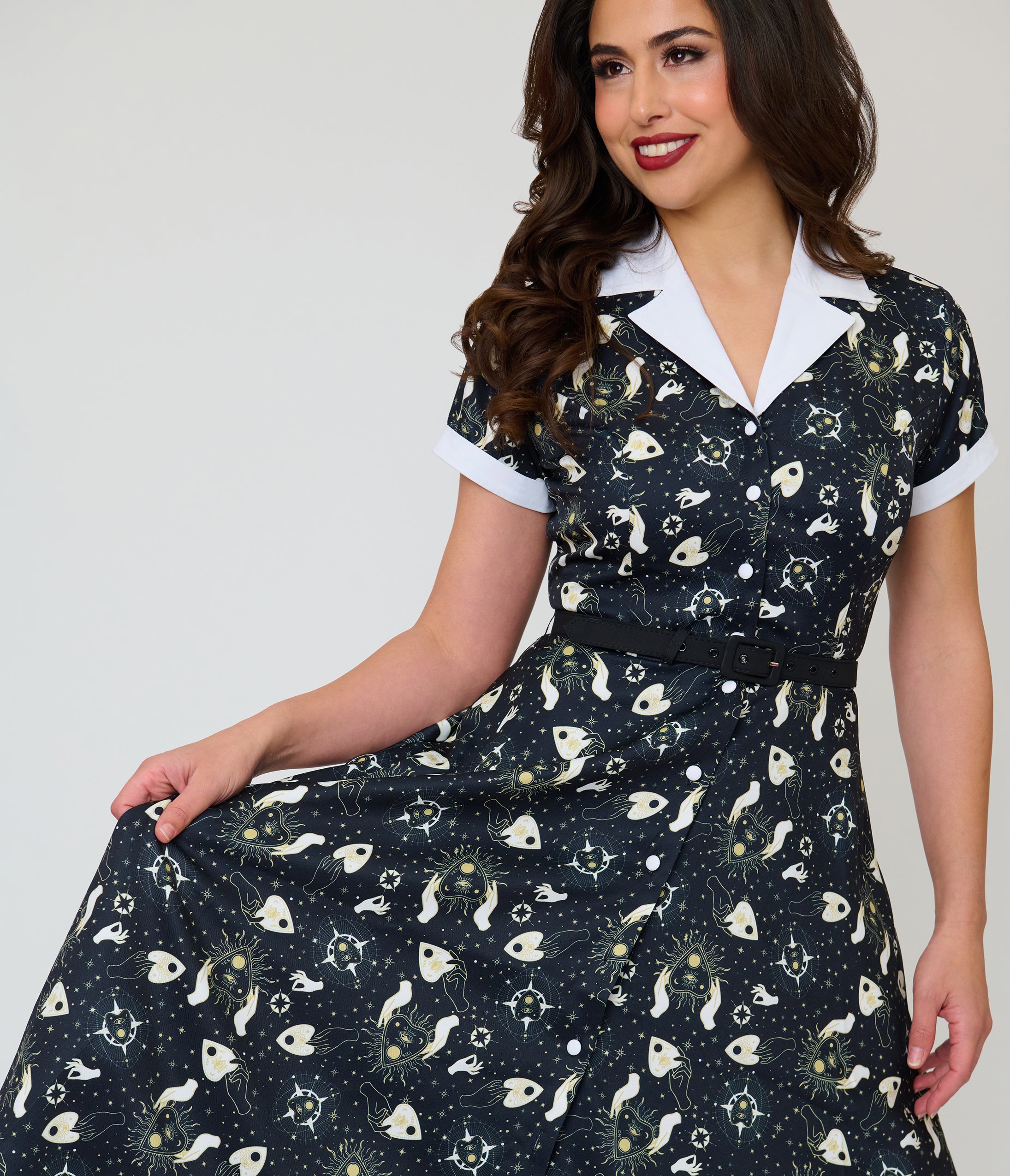 Unique Vintage Black Ouija Print Alexis Swing Dress