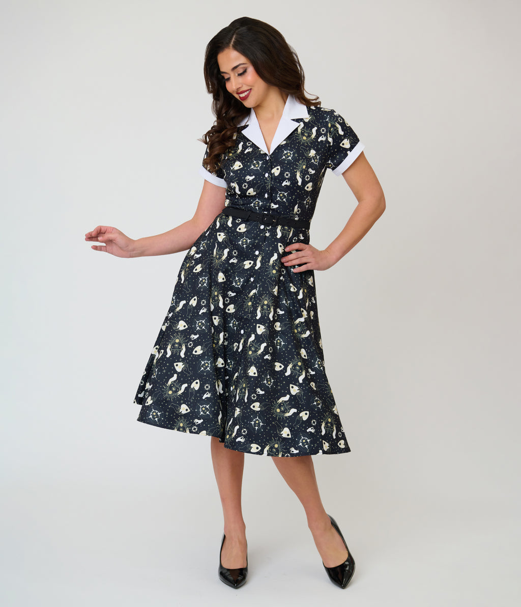 Unique Vintage Black Ouija Print Alexis Swing Dress