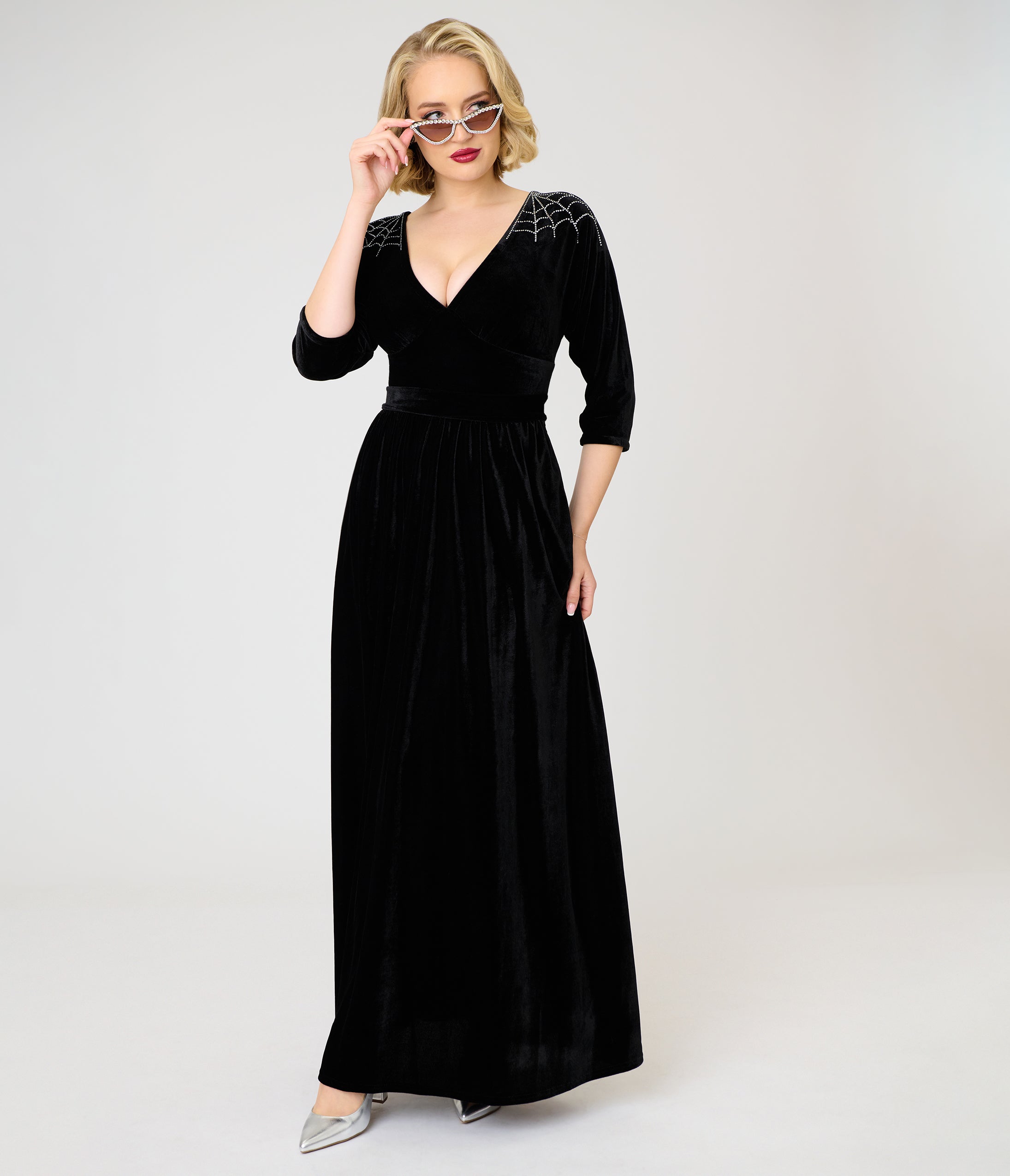 Unique Vintage Black Velvet & Rhinestone Batwing Norma Maxi Dress