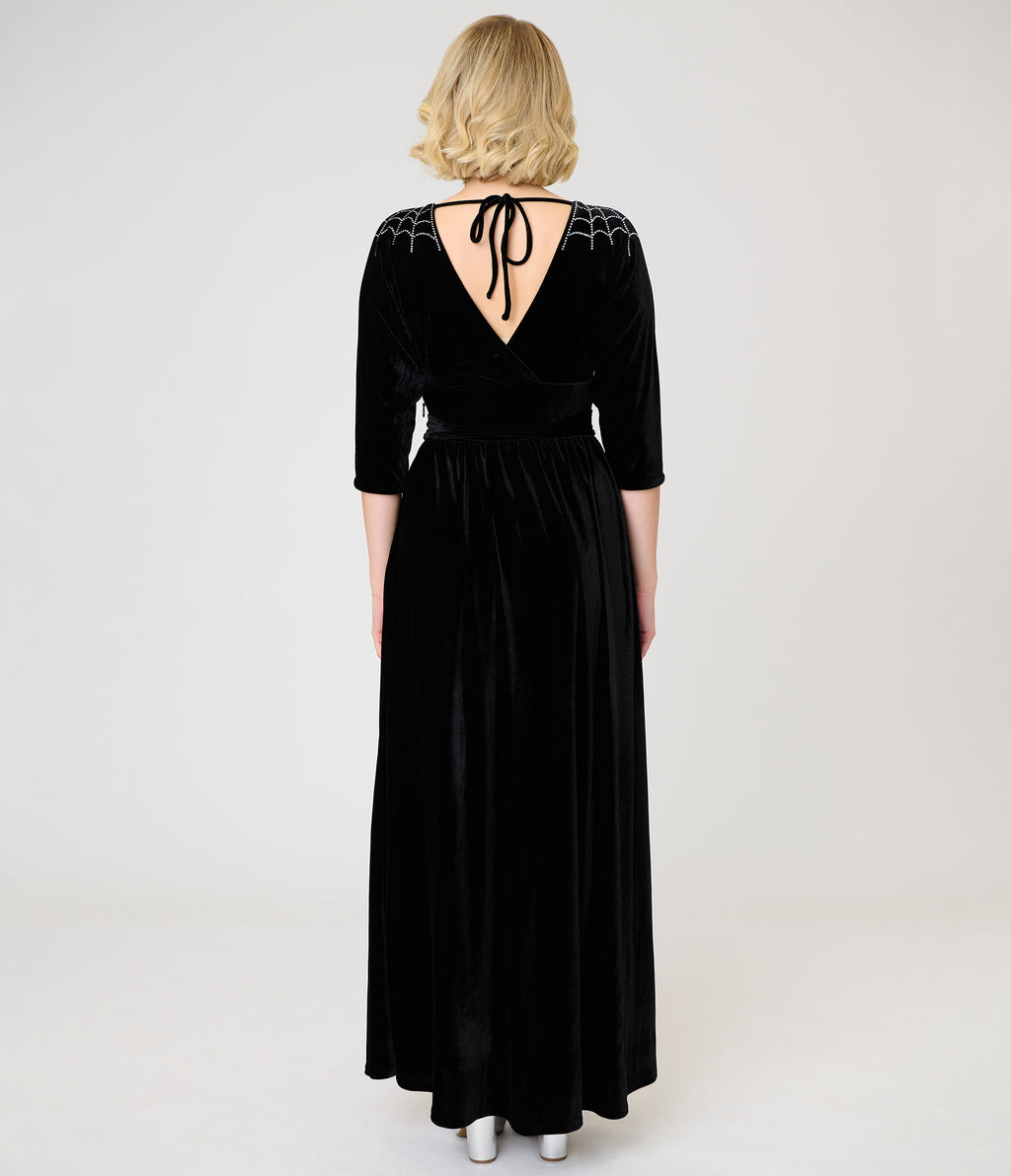 Unique Vintage Black Velvet & Rhinestone Batwing Norma Maxi Dress