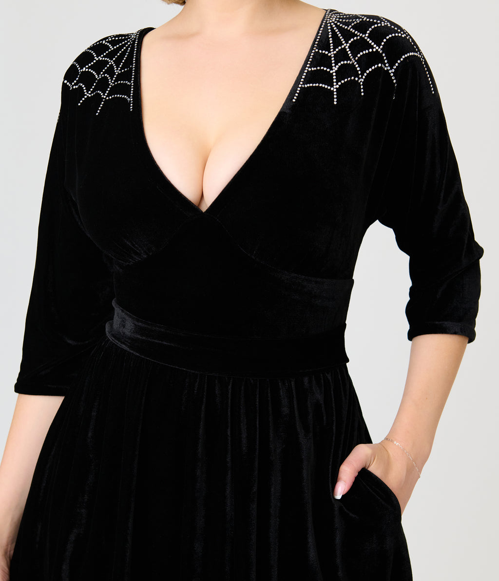 Unique Vintage Black Velvet & Rhinestone Batwing Norma Maxi Dress