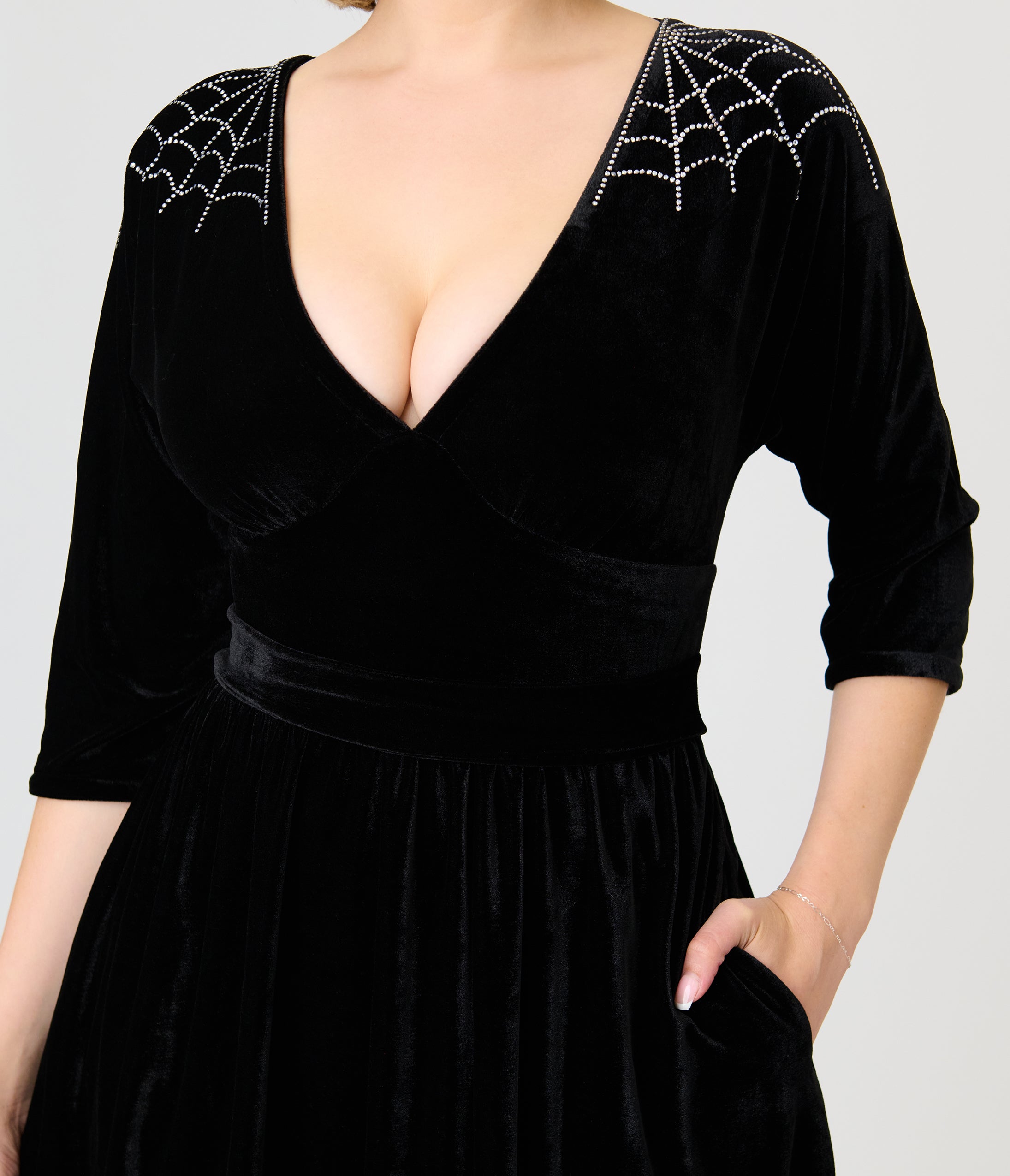Unique Vintage Black Velvet & Rhinestone Batwing Norma Maxi Dress