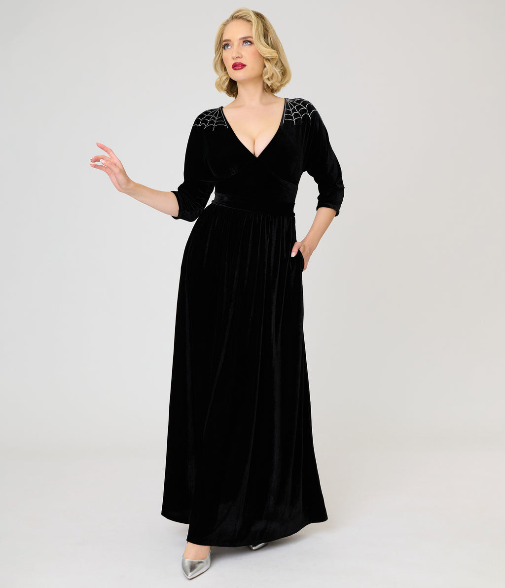Unique Vintage Black Velvet & Rhinestone Batwing Norma Maxi Dress
