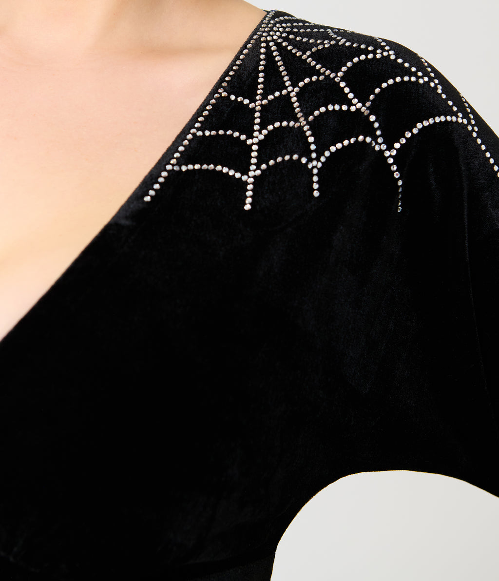 Unique Vintage Black Velvet & Rhinestone Batwing Norma Maxi Dress