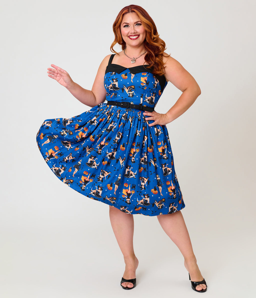 Unique Vintage Plus Size Navy Pinup Witch Rachel Swing Dress
