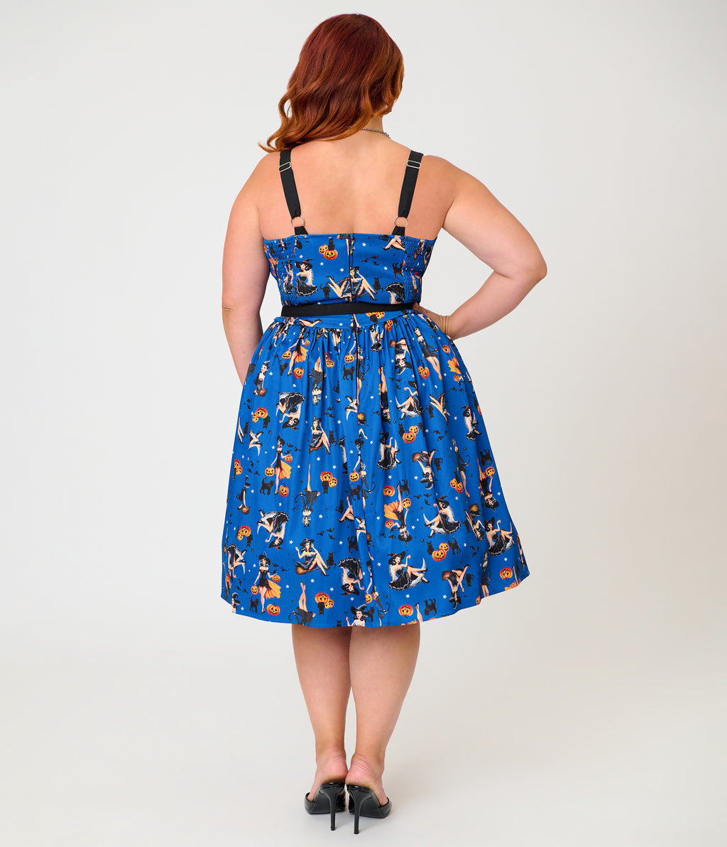 Unique Vintage Plus Size Navy Pinup Witch Rachel Swing Dress