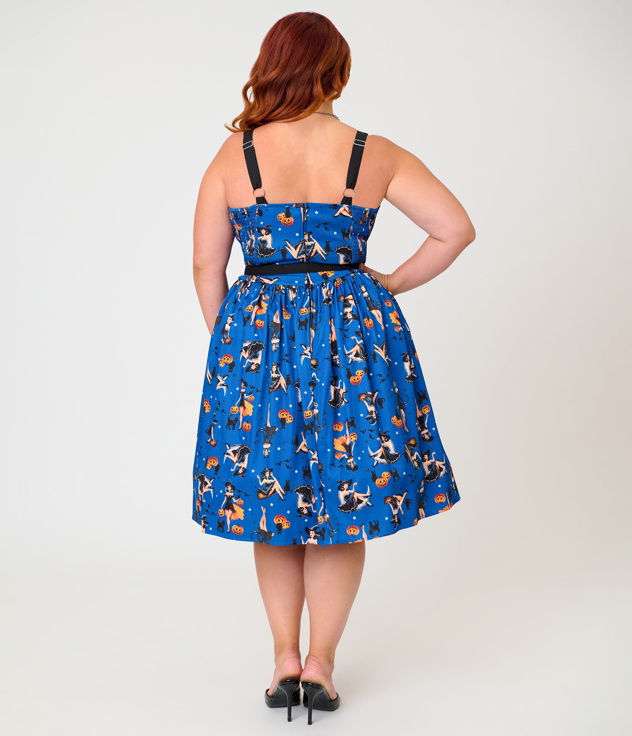 Unique Vintage Plus Size Navy Pinup Witch Rachel Swing Dress