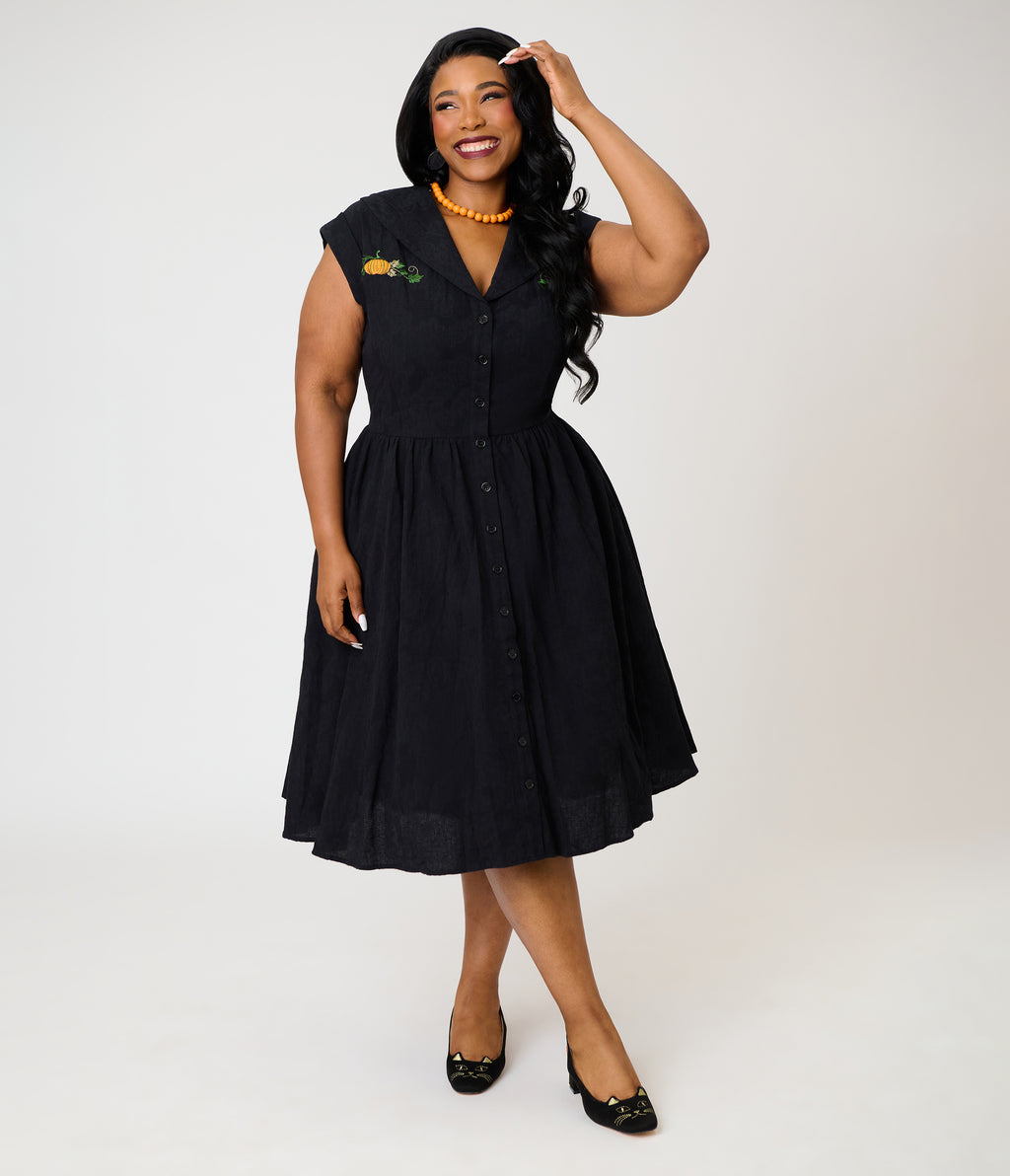 Unique Vintage Plus Size Black & Pumpkin Embroidery Cotton Marcia Swing Dress