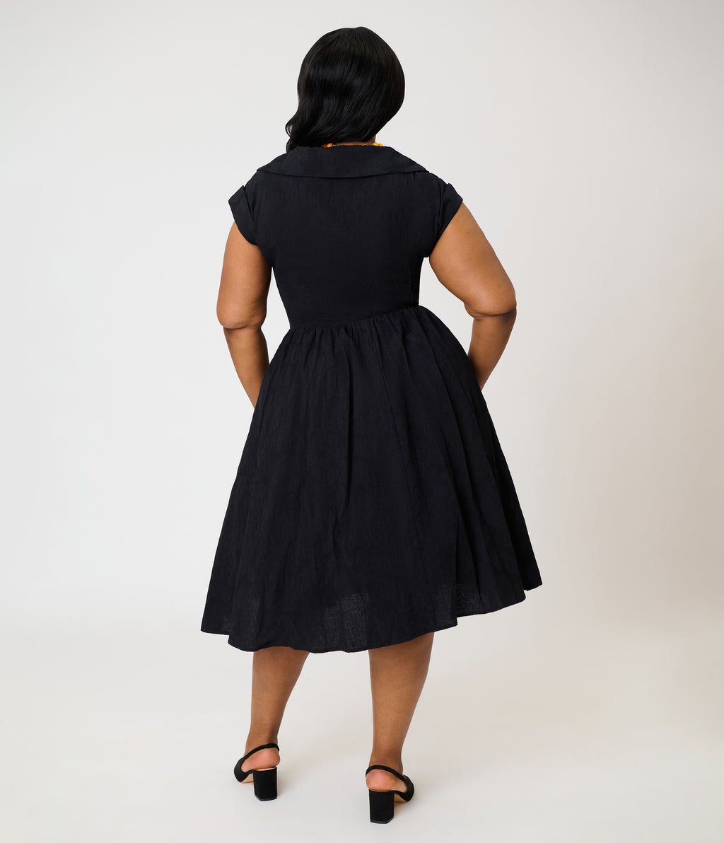 Unique Vintage Plus Size Black & Pumpkin Embroidery Cotton Marcia Swing Dress