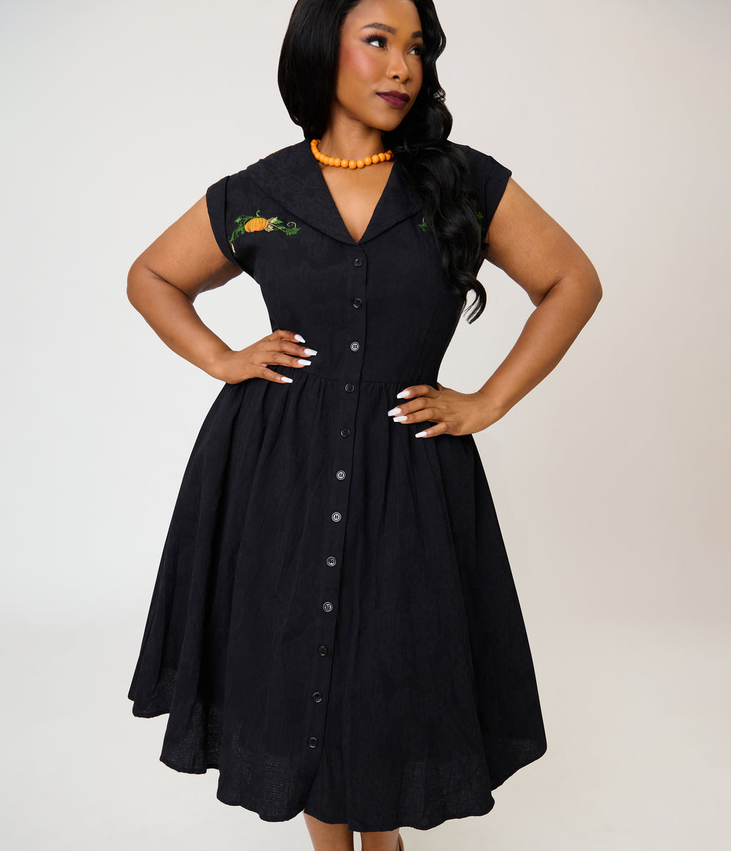 Unique Vintage Plus Size Black & Pumpkin Embroidery Cotton Marcia Swing Dress