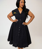 Unique Vintage Plus Size Black & Pumpkin Embroidery Cotton Marcia Swing Dress
