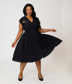 Unique Vintage Plus Size Black & Pumpkin Embroidery Cotton Marcia Swing Dress