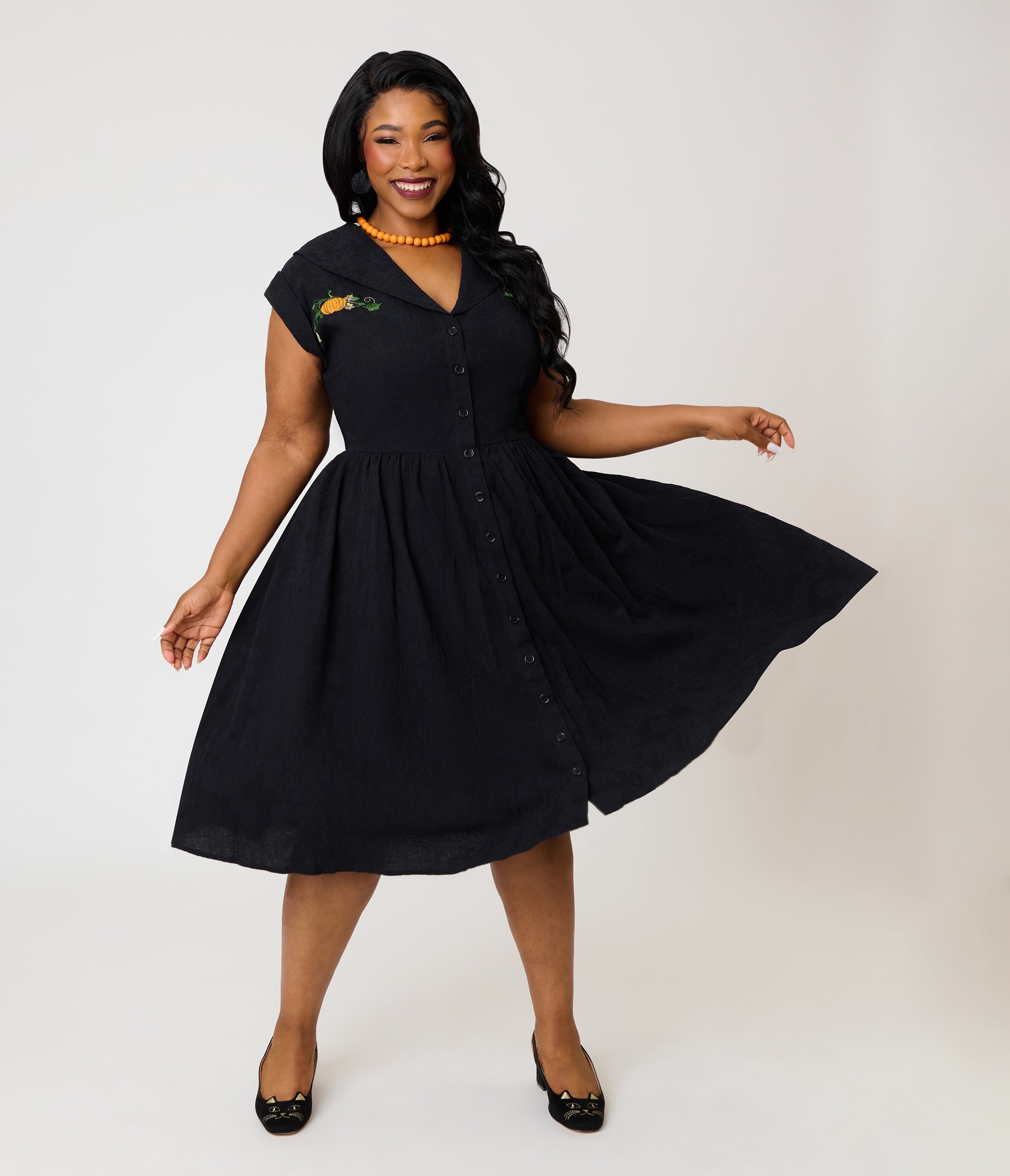 Unique Vintage Plus Size Black & Pumpkin Embroidery Cotton Marcia Swing Dress
