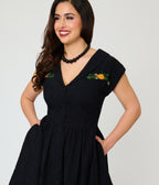 Unique Vintage Black & Pumpkin Embroidery Cotton Marcia Swing Dress