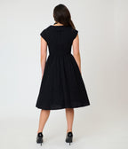 Unique Vintage Black & Pumpkin Embroidery Cotton Marcia Swing Dress