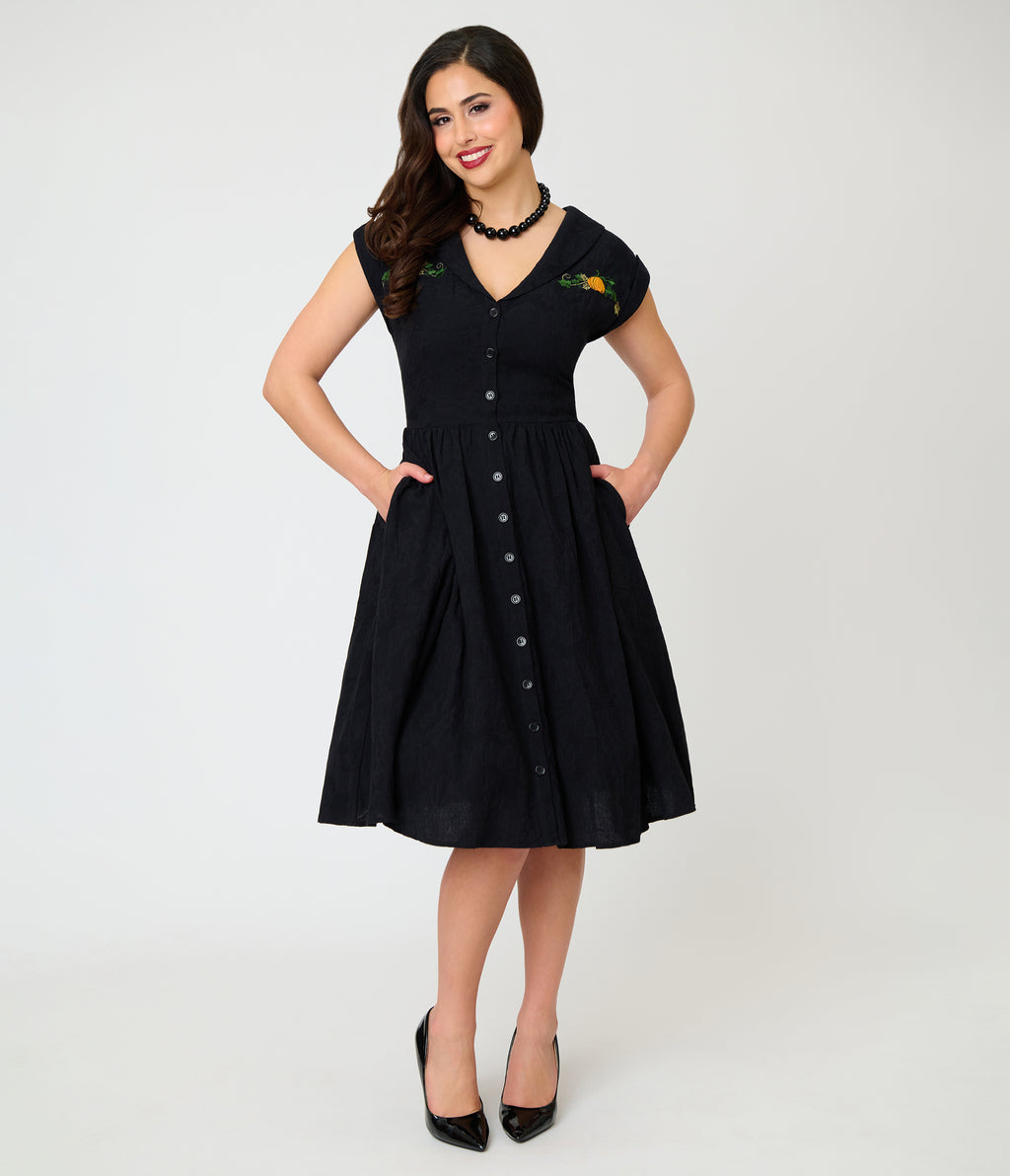 Unique Vintage Black & Pumpkin Embroidery Cotton Marcia Swing Dress