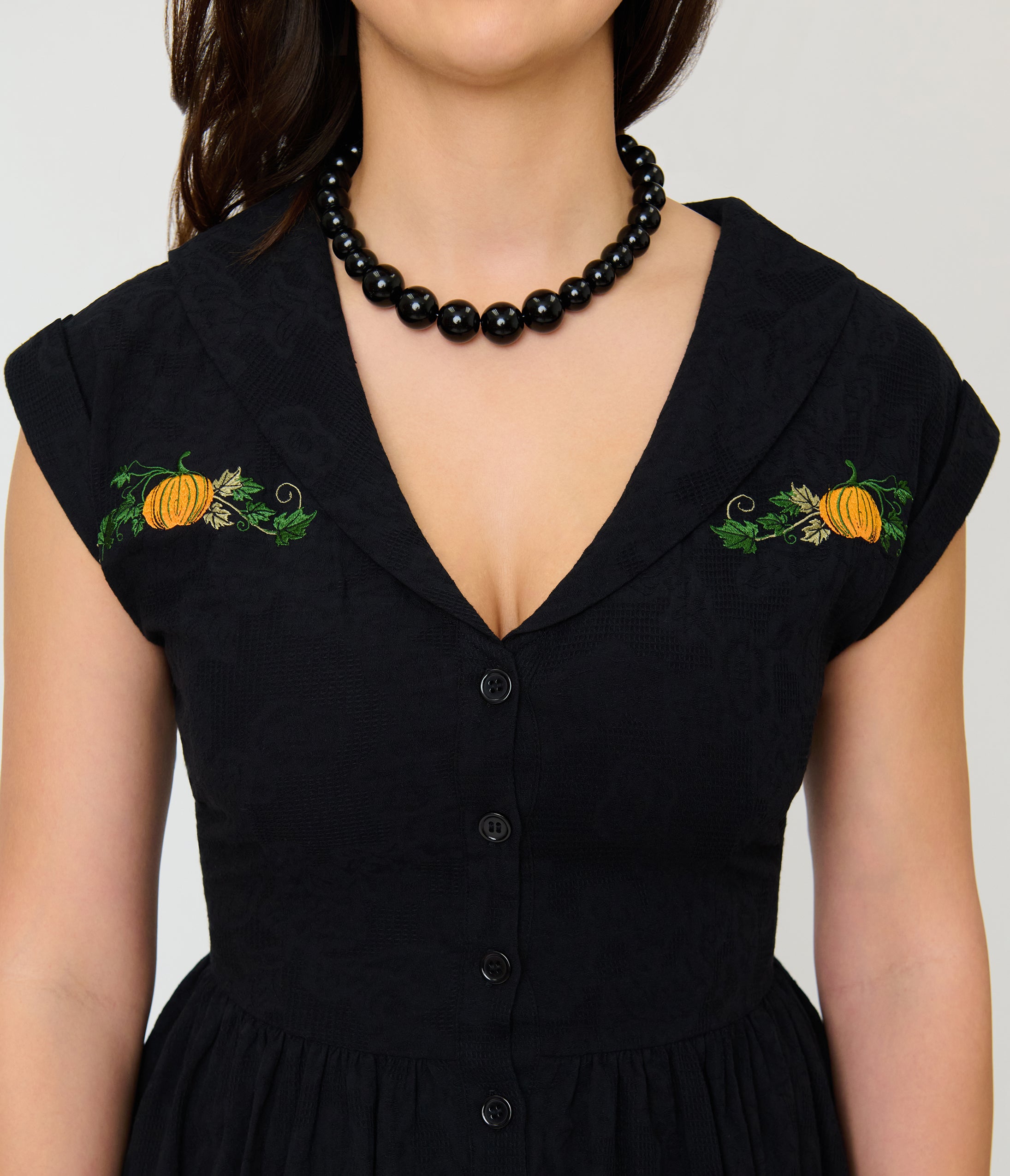 Unique Vintage Black & Pumpkin Embroidery Cotton Marcia Swing Dress