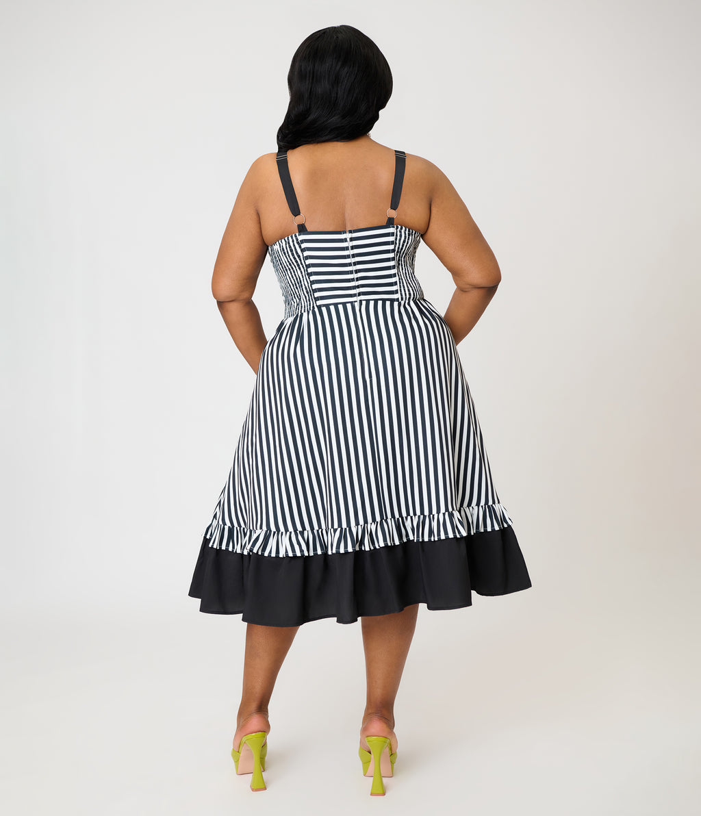 Unique Vintage Plus Size Black & White Stripe Sweetheart Betty Swing Dress