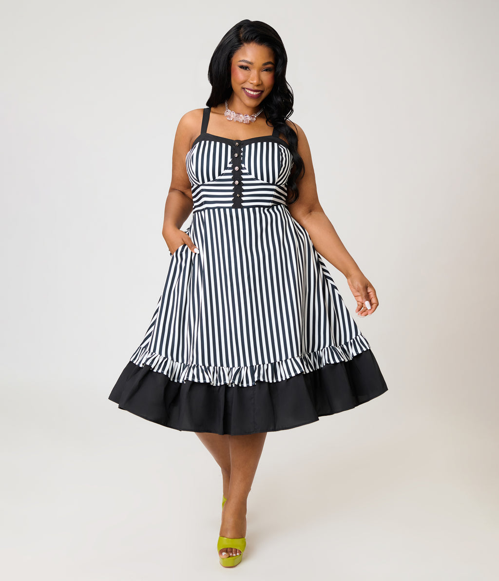 Unique Vintage Plus Size Black & White Stripe Sweetheart Betty Swing Dress