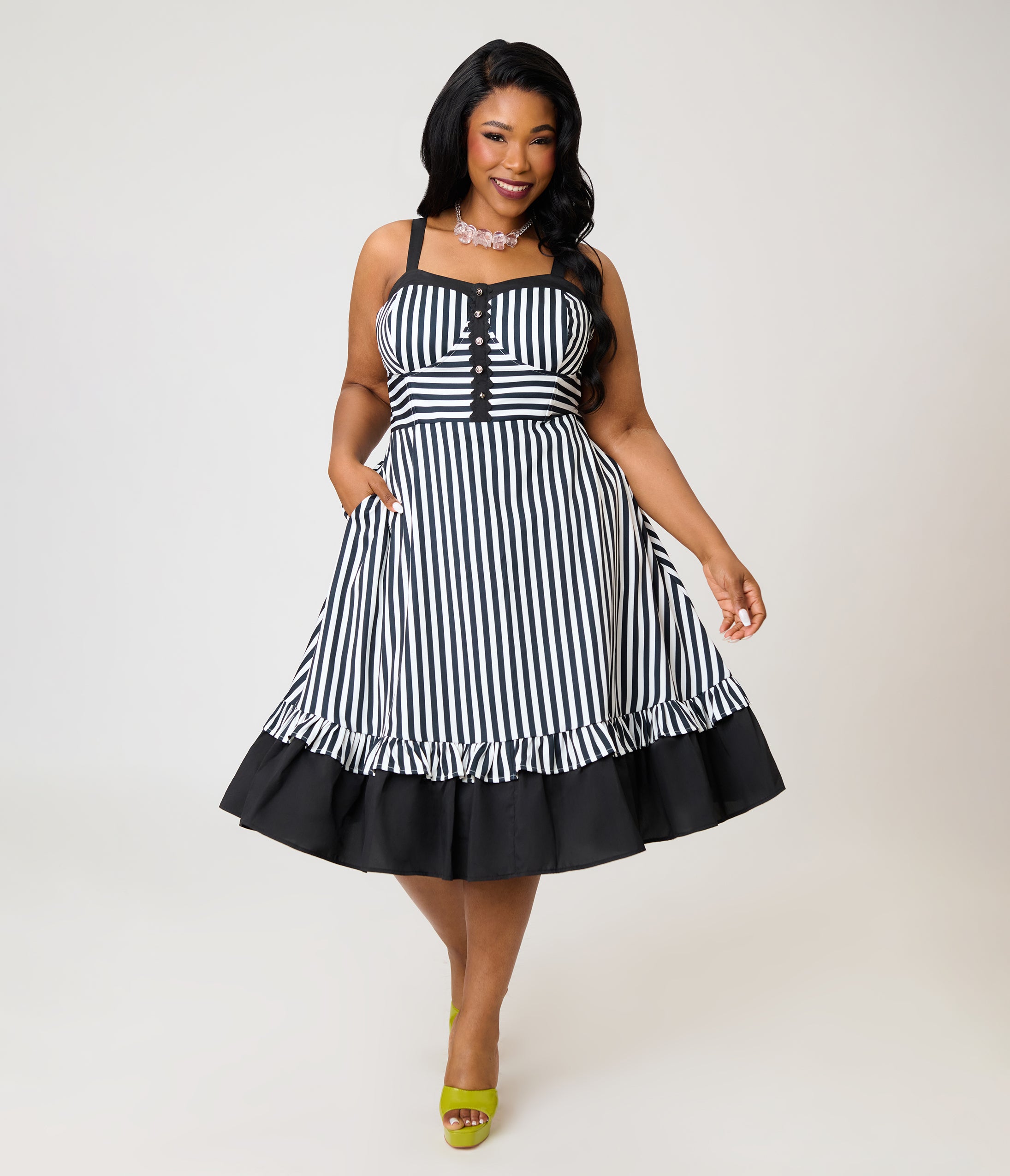 Unique Vintage Plus Size Black & White Stripe Sweetheart Betty Swing Dress