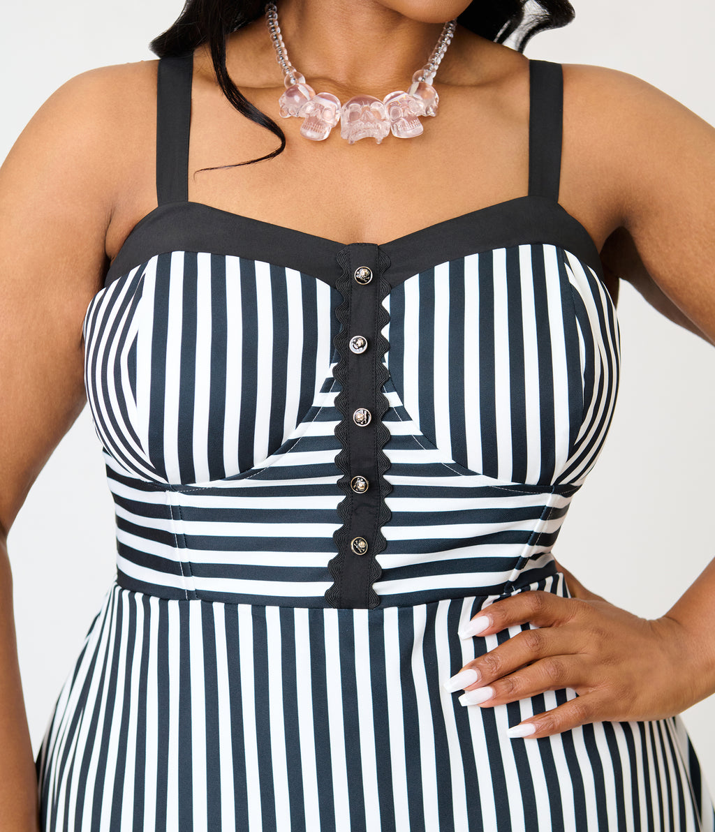 Unique Vintage Plus Size Black & White Stripe Sweetheart Betty Swing Dress