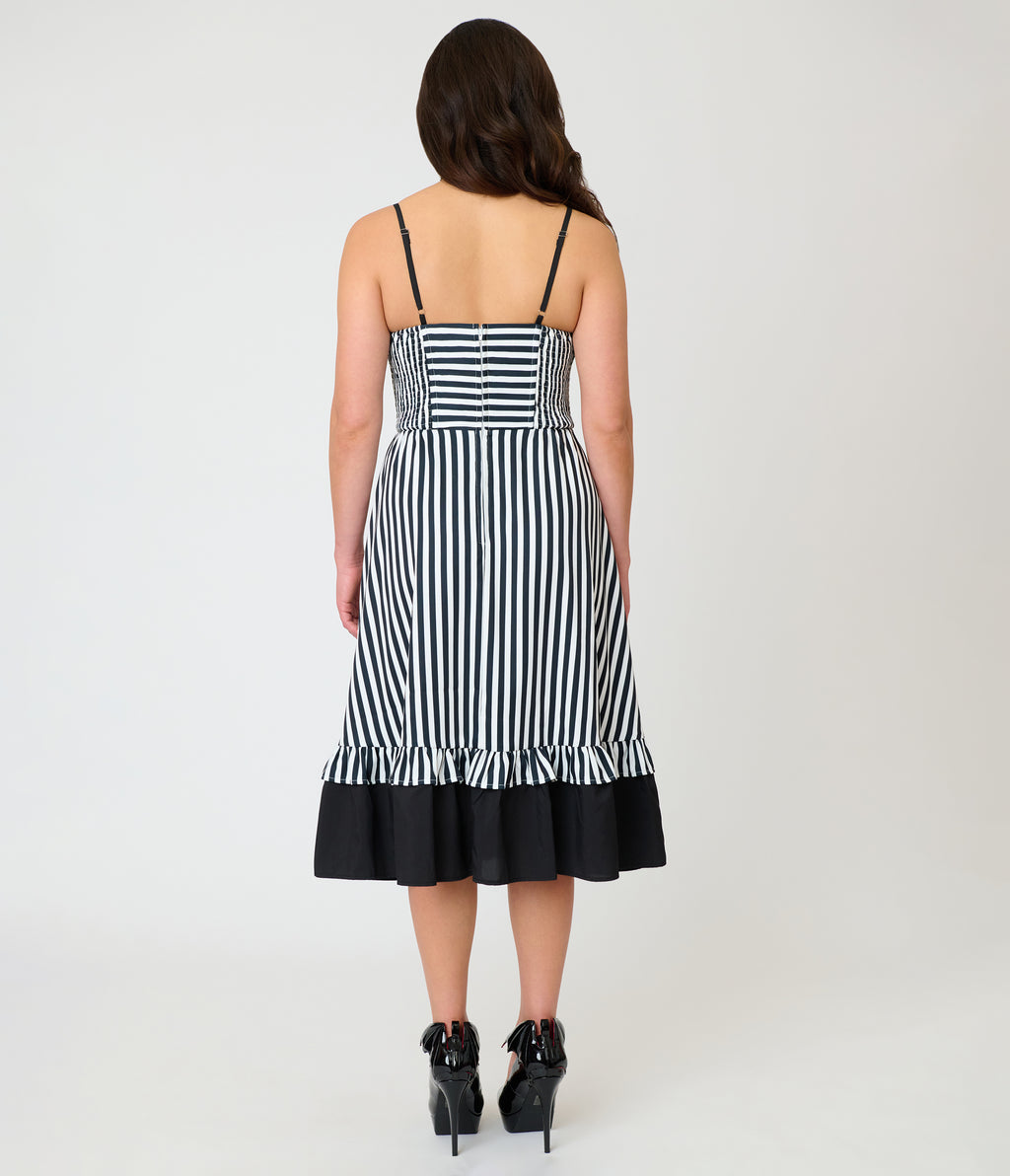 Unique Vintage Black & White Stripe Sweetheart Betty Swing Dress