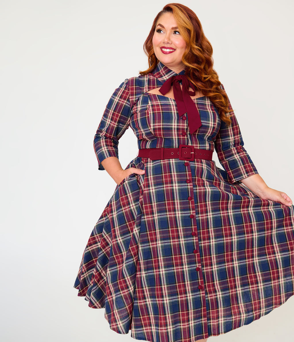 Unique Vintage Plus Size Blue & Burgundy Plaid Bonnie Swing Dress
