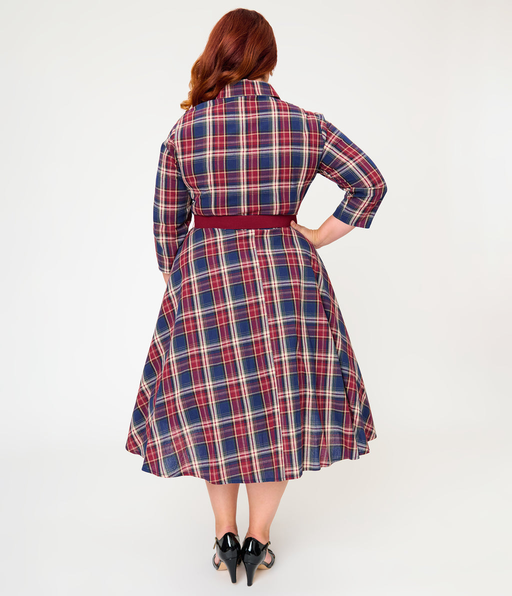 Unique Vintage Plus Size Blue & Burgundy Plaid Bonnie Swing Dress