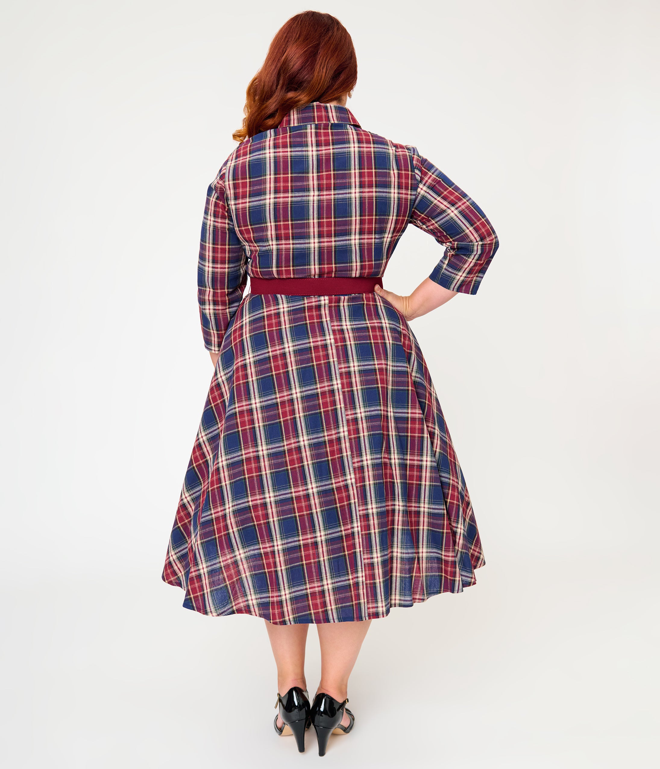 Unique Vintage Plus Size Blue & Burgundy Plaid Bonnie Swing Dress