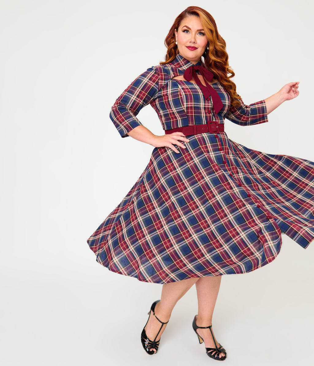 Unique Vintage Plus Size Blue & Burgundy Plaid Bonnie Swing Dress